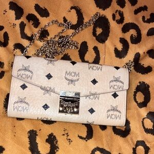 MCM Beige Logo Clutch with Chain
